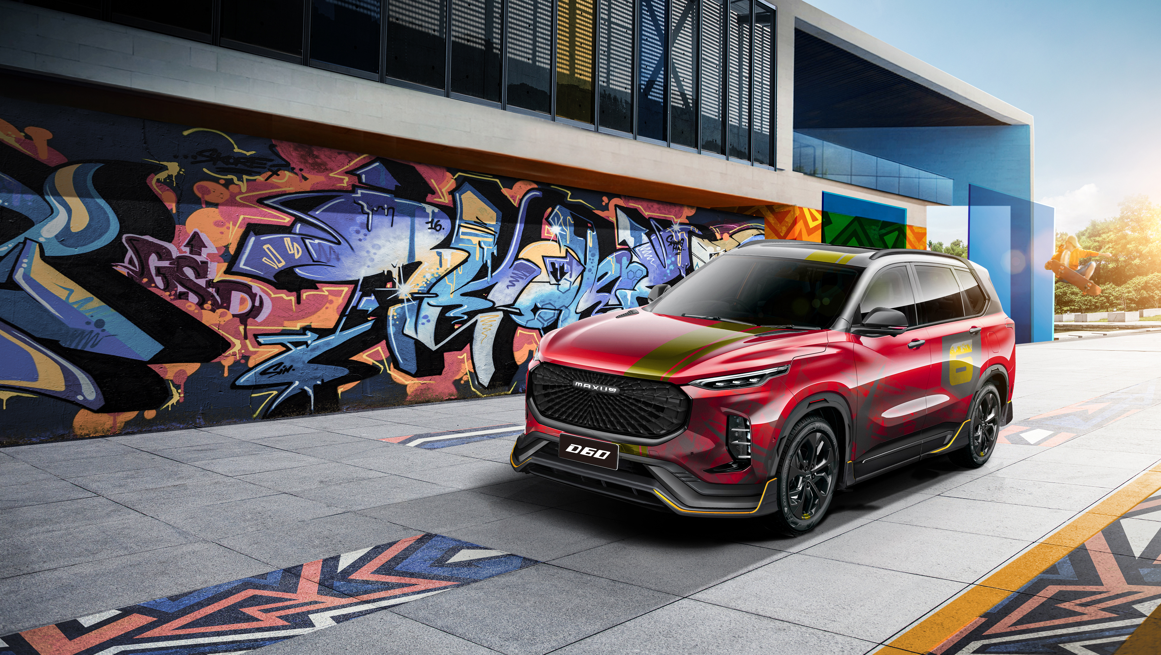 D60 front three-quarter red graffiti wall